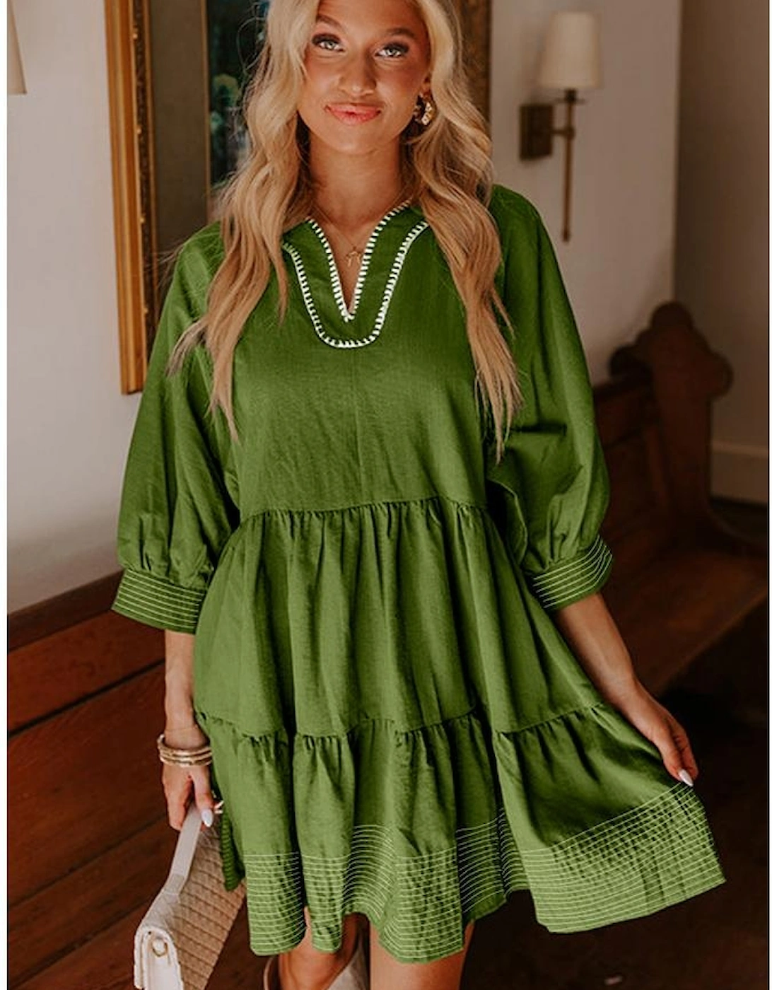 Jungle Green Contrast Stitched V Neck 3/4 Sleeve Tiered Mini Dress