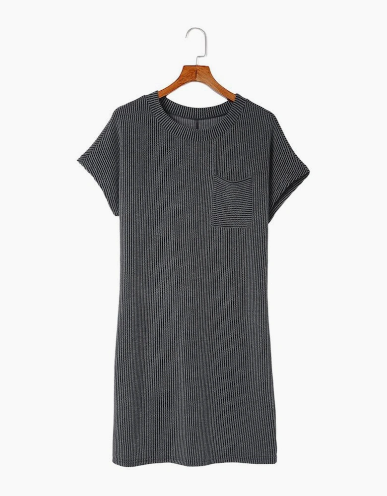 Gray Striped Ribbed Knit T-shirt Shift Dress