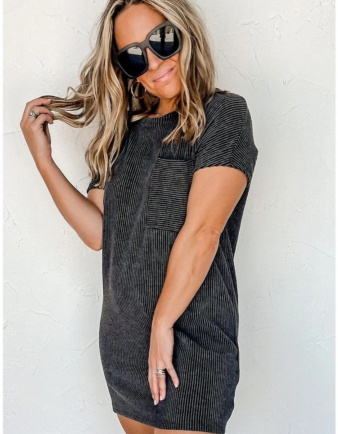 Gray Striped Ribbed Knit T-shirt Shift Dress