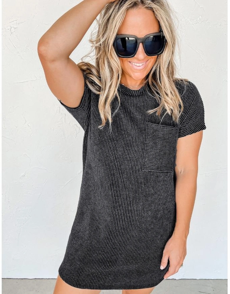 Gray Striped Ribbed Knit T-shirt Shift Dress