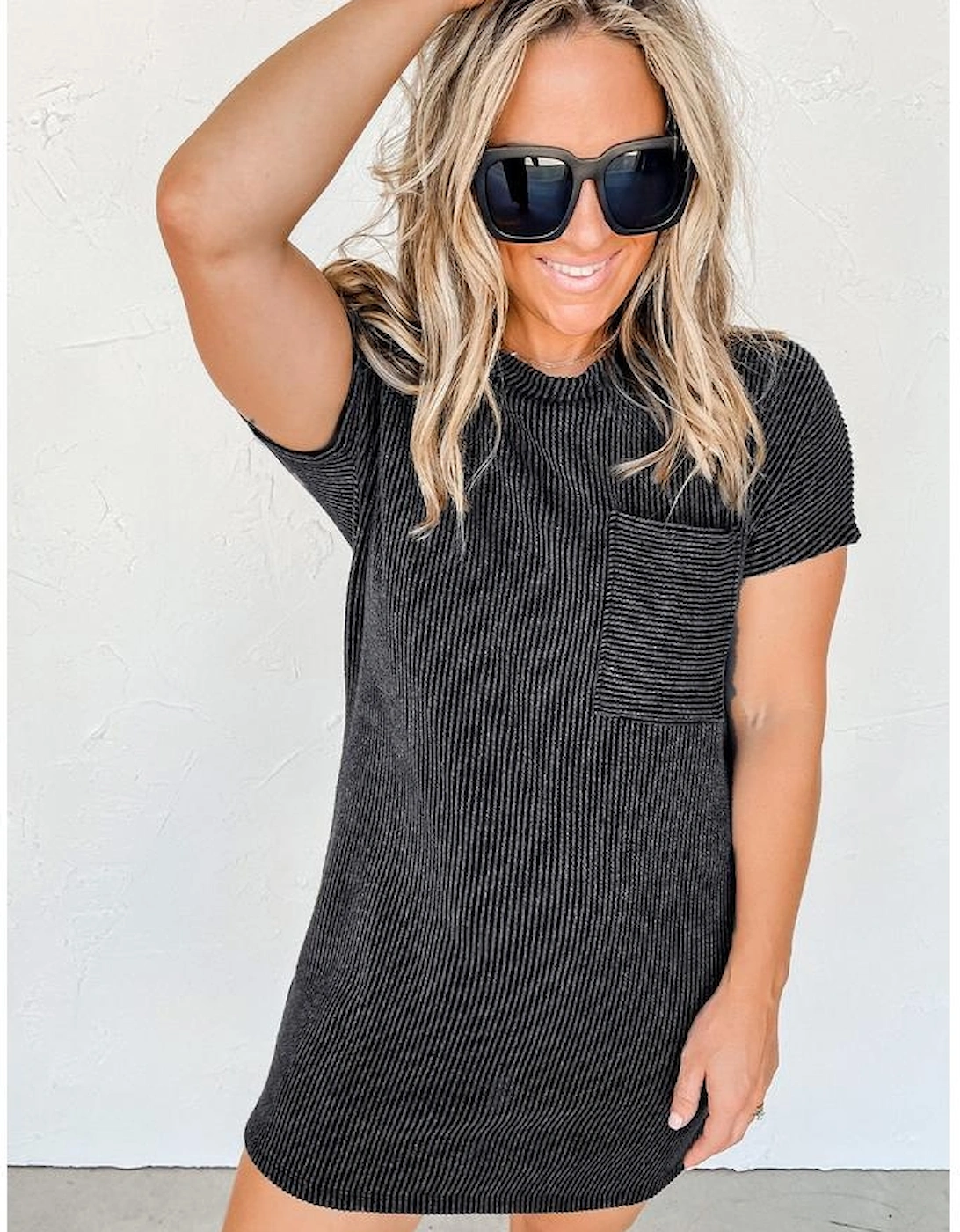 Gray Striped Ribbed Knit T-shirt Shift Dress