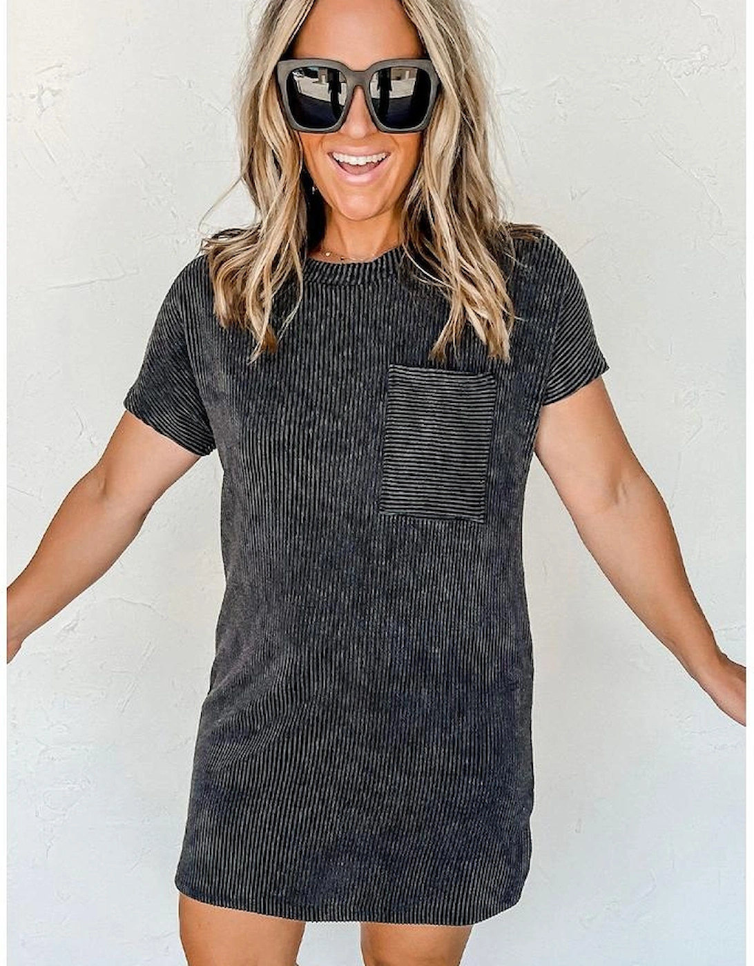 Gray Striped Ribbed Knit T-shirt Shift Dress