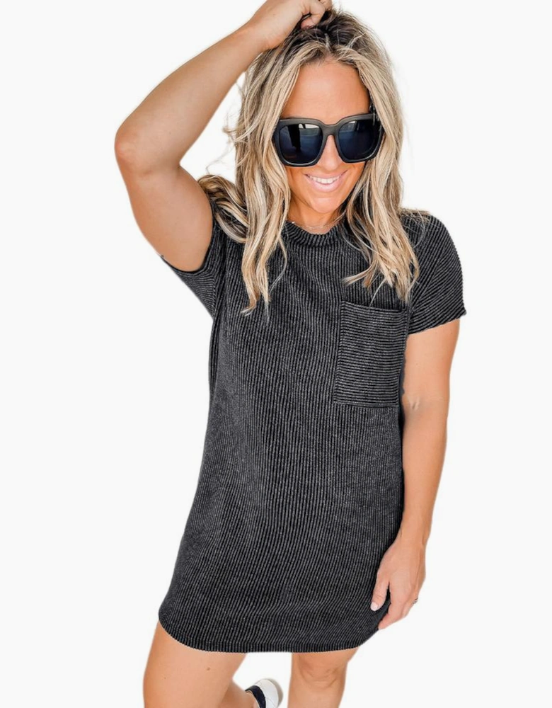 Gray Striped Ribbed Knit T-shirt Shift Dress
