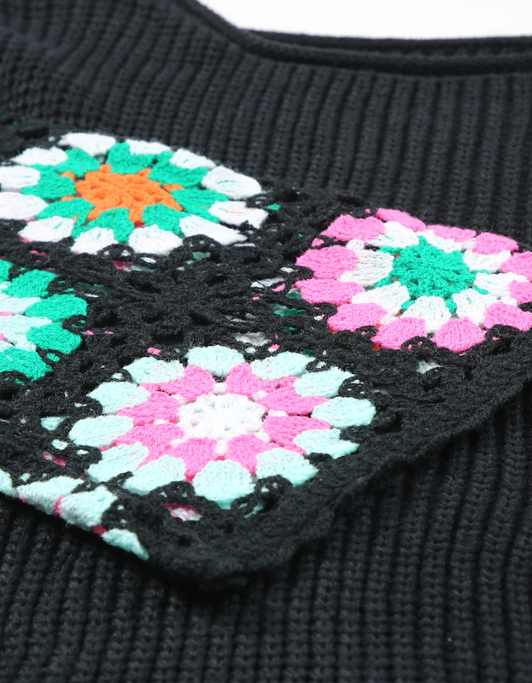 Black Floral Crochet Bell Sleeve Loose Sweater