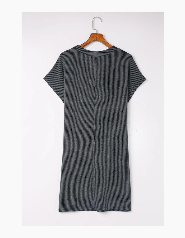 Gray Striped Ribbed Knit T-shirt Shift Dress