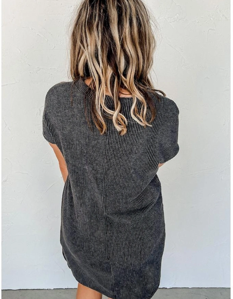 Gray Striped Ribbed Knit T-shirt Shift Dress