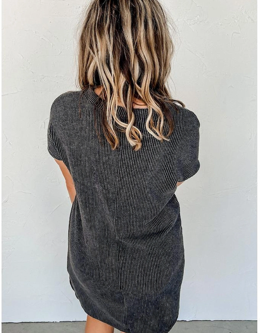 Gray Striped Ribbed Knit T-shirt Shift Dress