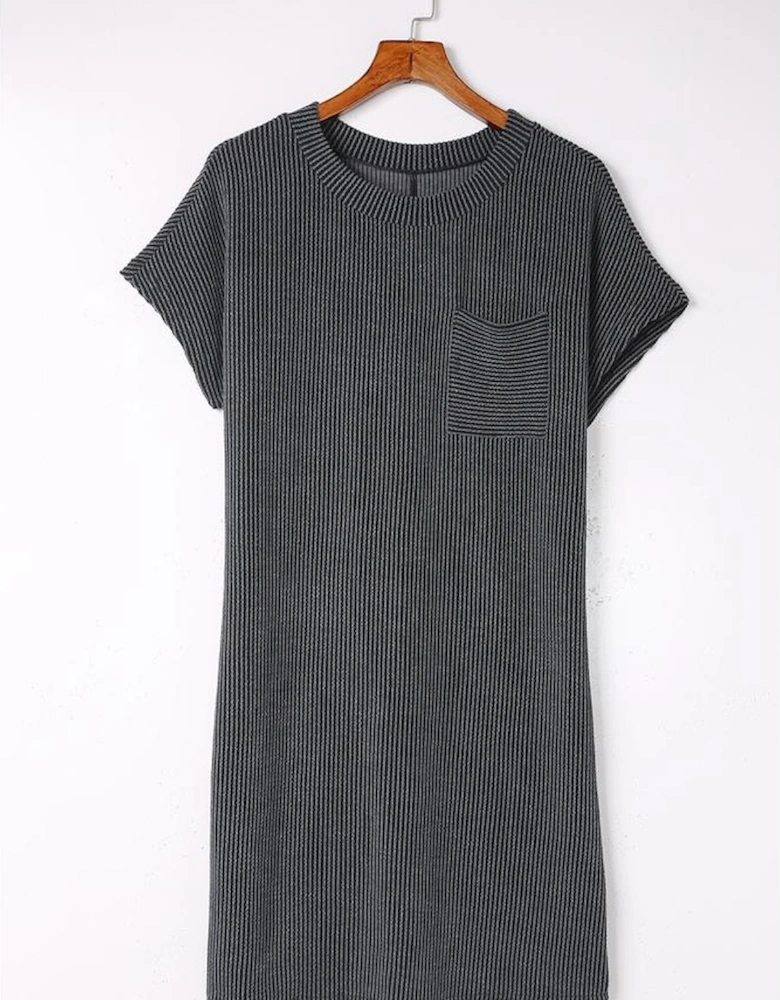 Gray Striped Ribbed Knit T-shirt Shift Dress
