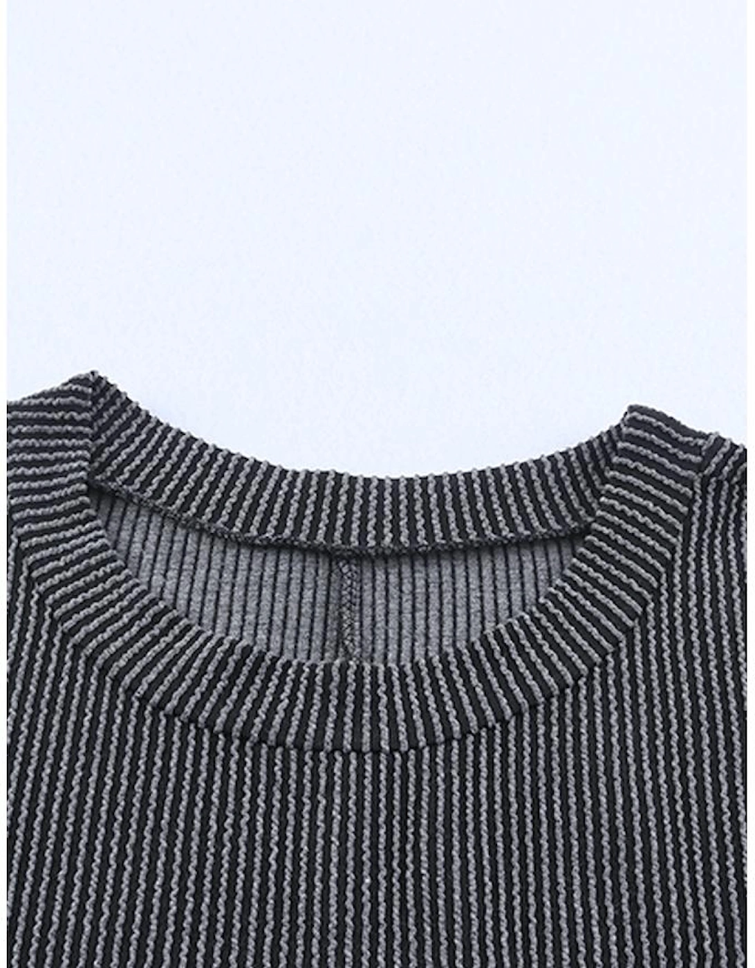 Gray Striped Ribbed Knit T-shirt Shift Dress