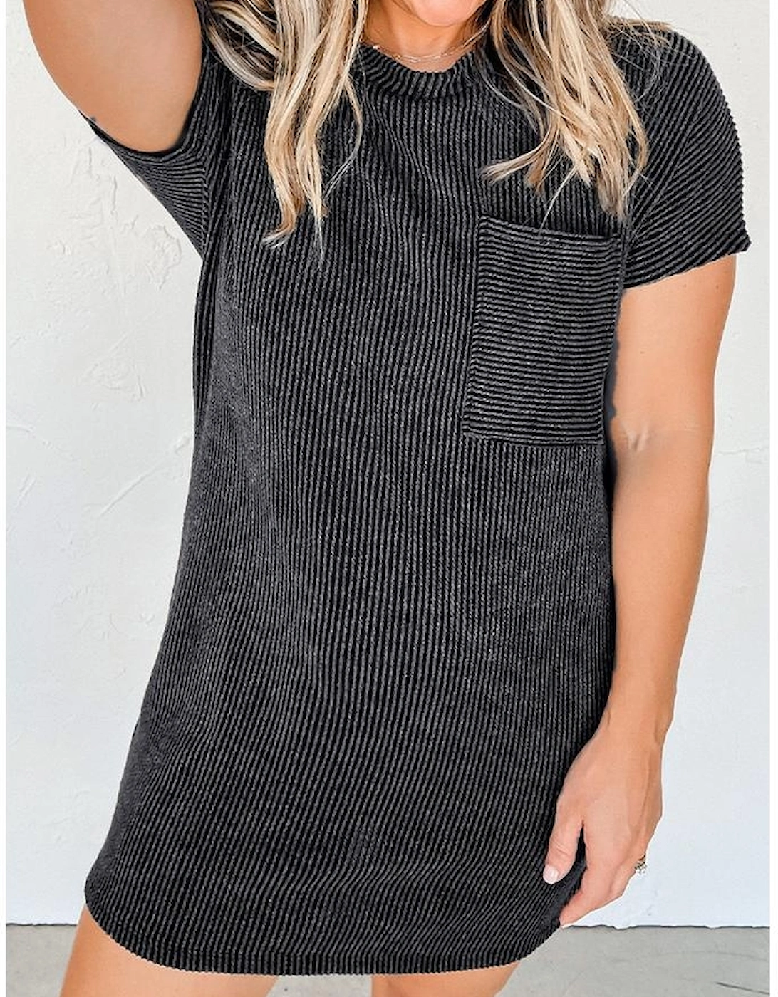 Gray Striped Ribbed Knit T-shirt Shift Dress