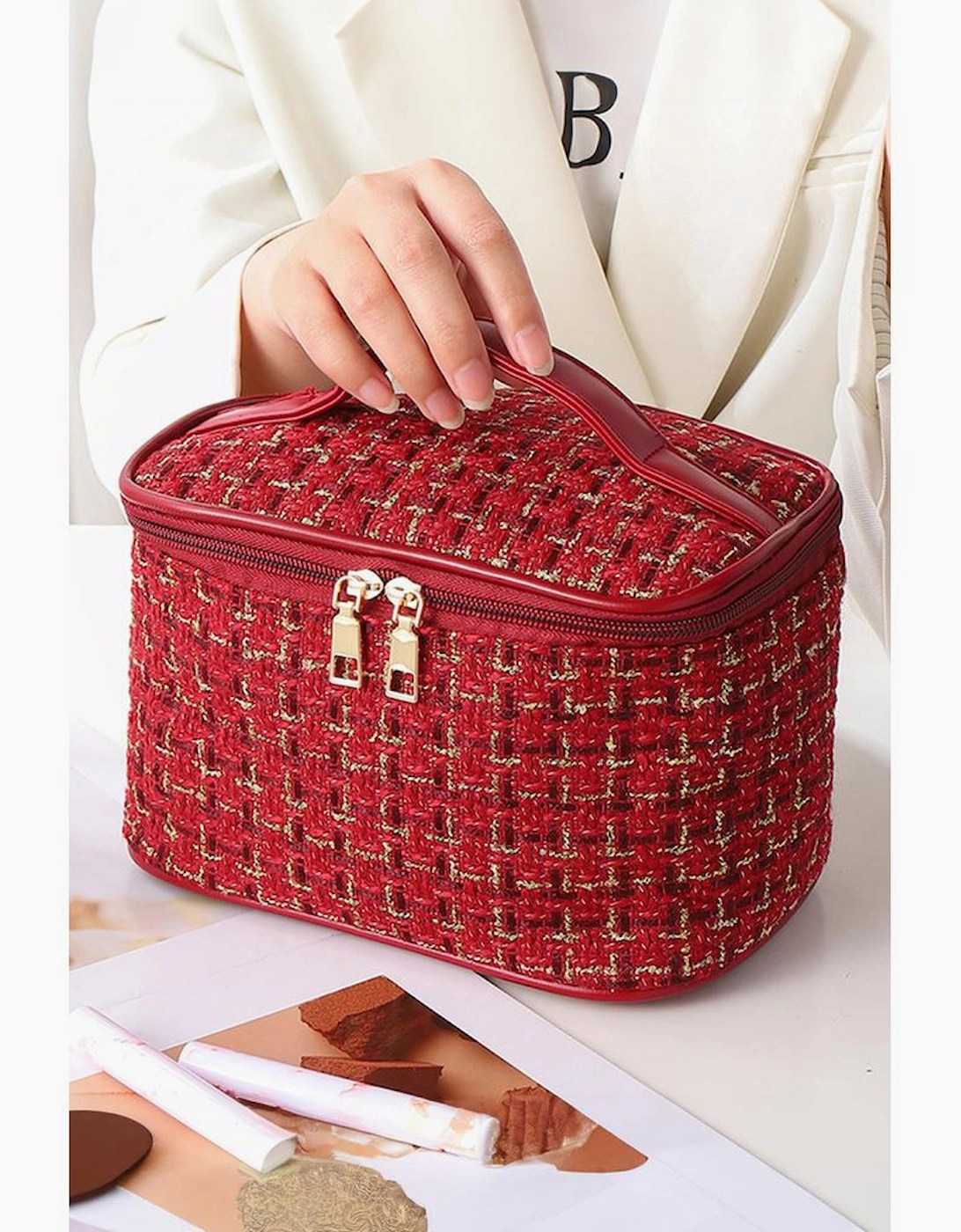 Fiery Red Plaid Zipper Large Cosmetic Bag with Handle