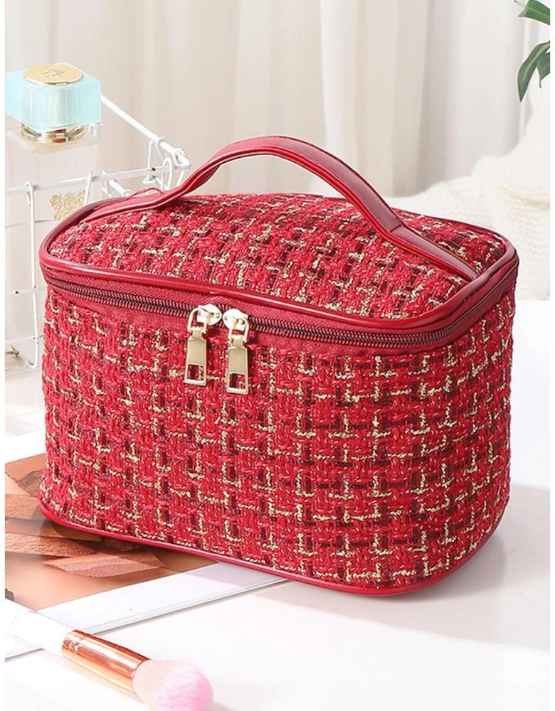 Fiery Red Plaid Zipper Large Cosmetic Bag with Handle