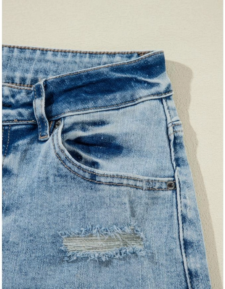 Light Blue Distressed Ripped Raw Hem Straight Jeans