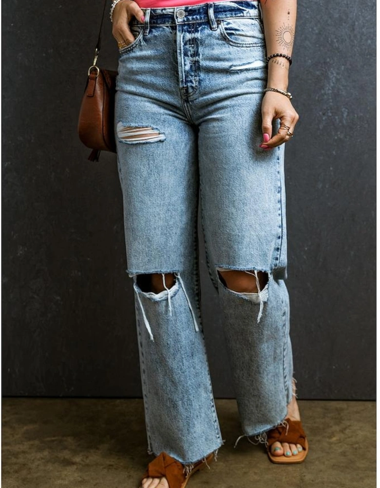 Light Blue Distressed Ripped Raw Hem Straight Jeans
