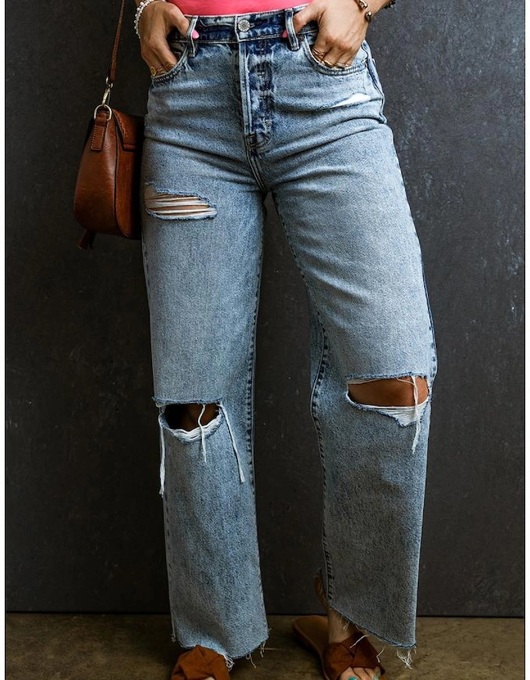 Light Blue Distressed Ripped Raw Hem Straight Jeans