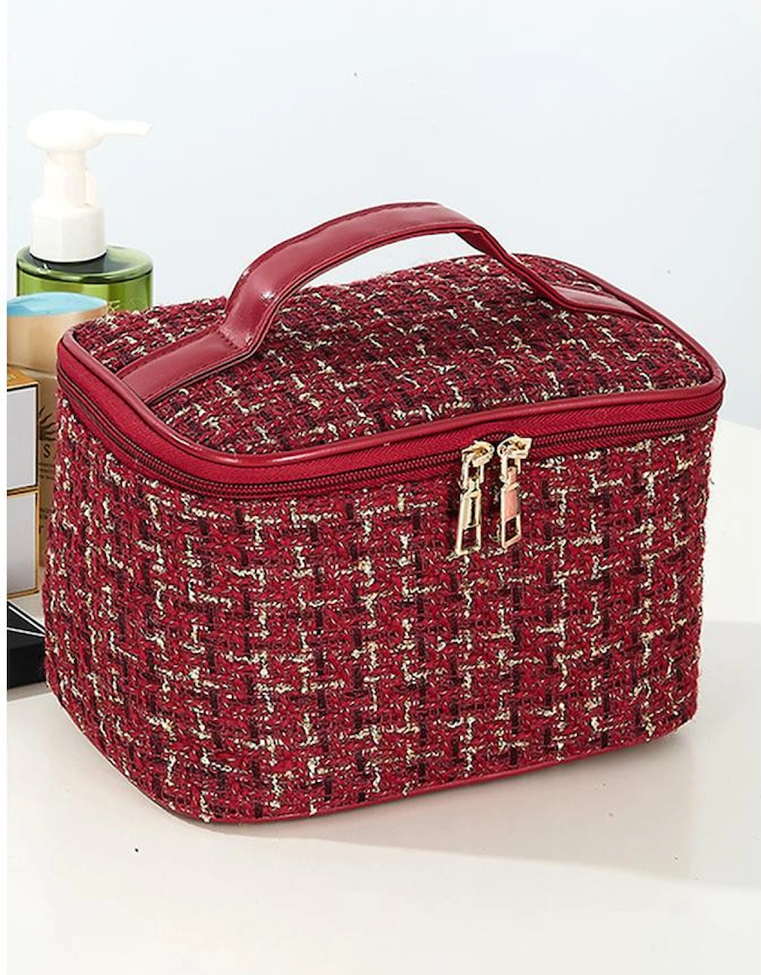 Fiery Red Plaid Zipper Large Cosmetic Bag with Handle