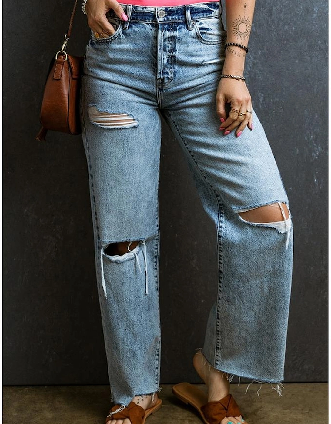 Light Blue Distressed Ripped Raw Hem Straight Jeans