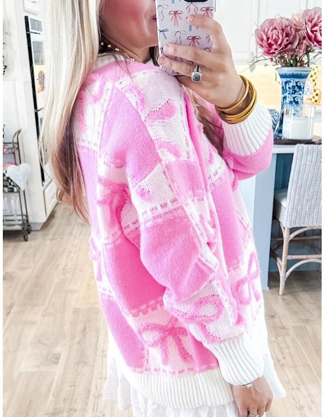 Pink Bow Knot Two Tone Checkered Crew Neck Sweater, 14 of 13