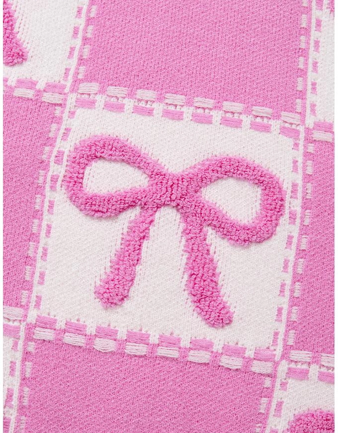 Pink Bow Knot Two Tone Checkered Crew Neck Sweater