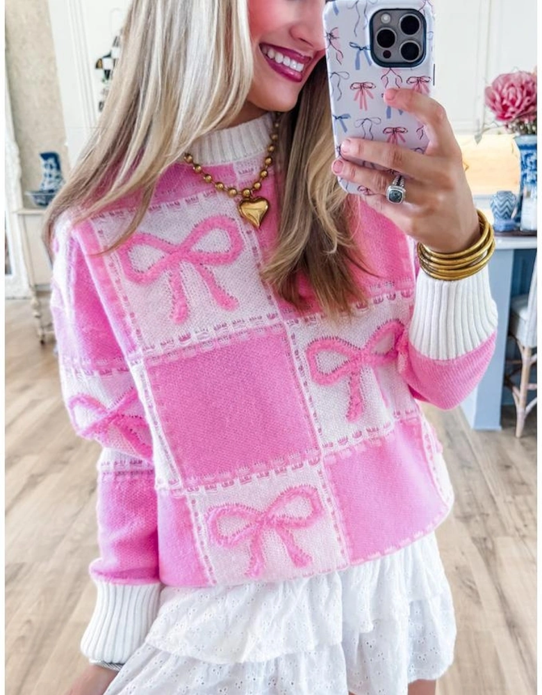 Pink Bow Knot Two Tone Checkered Crew Neck Sweater