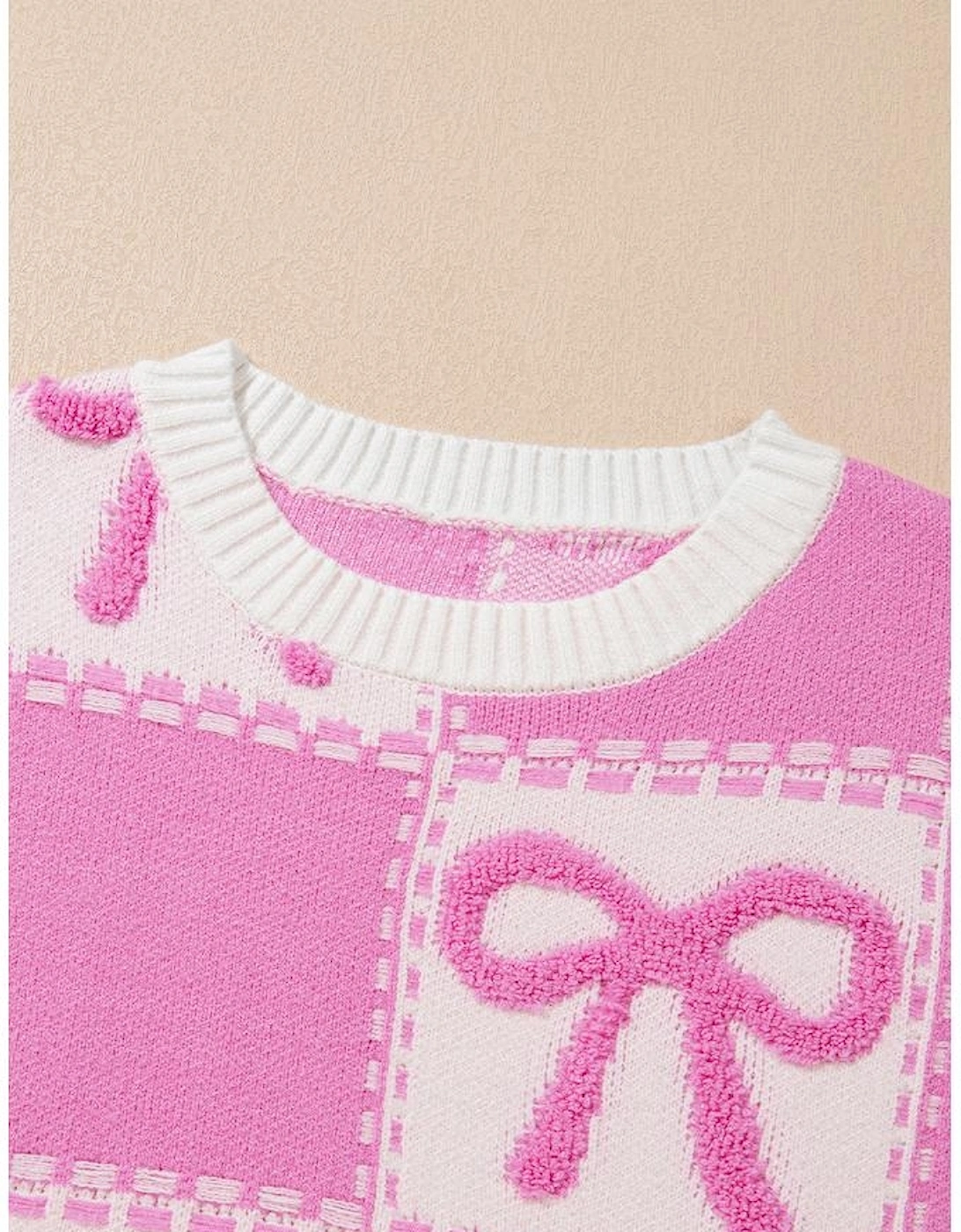 Pink Bow Knot Two Tone Checkered Crew Neck Sweater