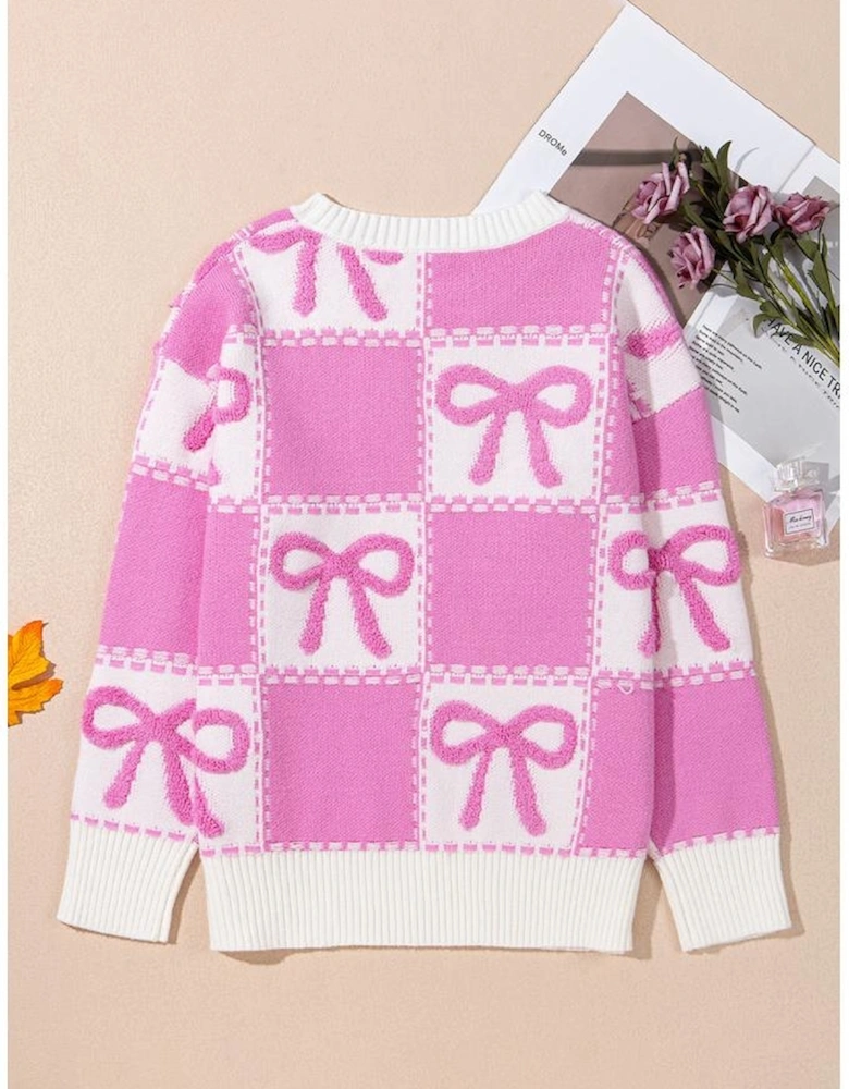 Pink Bow Knot Two Tone Checkered Crew Neck Sweater