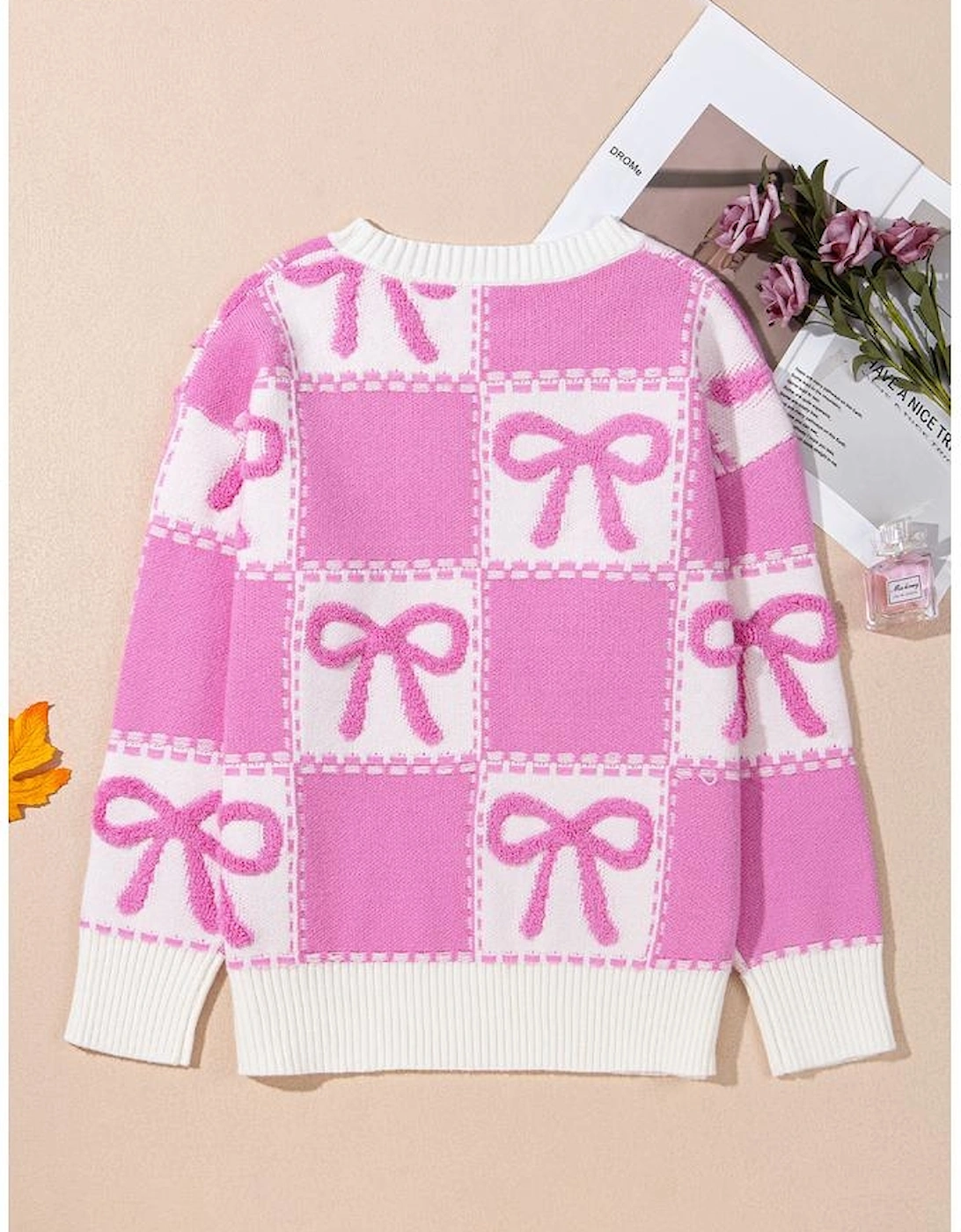 Pink Bow Knot Two Tone Checkered Crew Neck Sweater