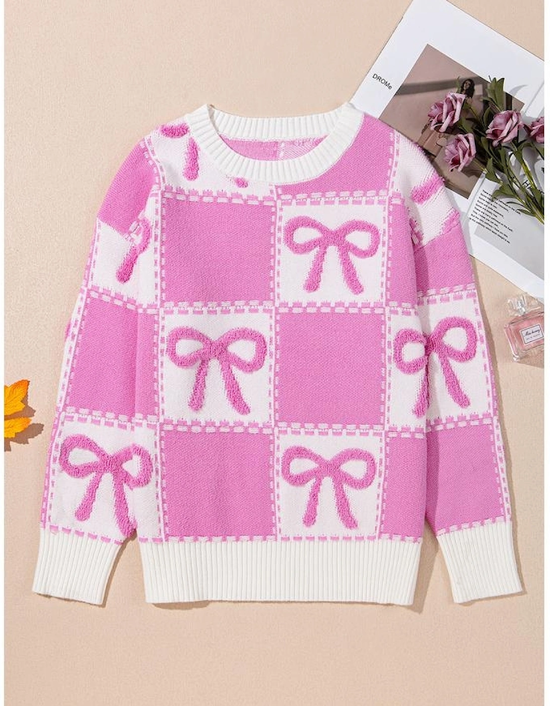 Pink Bow Knot Two Tone Checkered Crew Neck Sweater