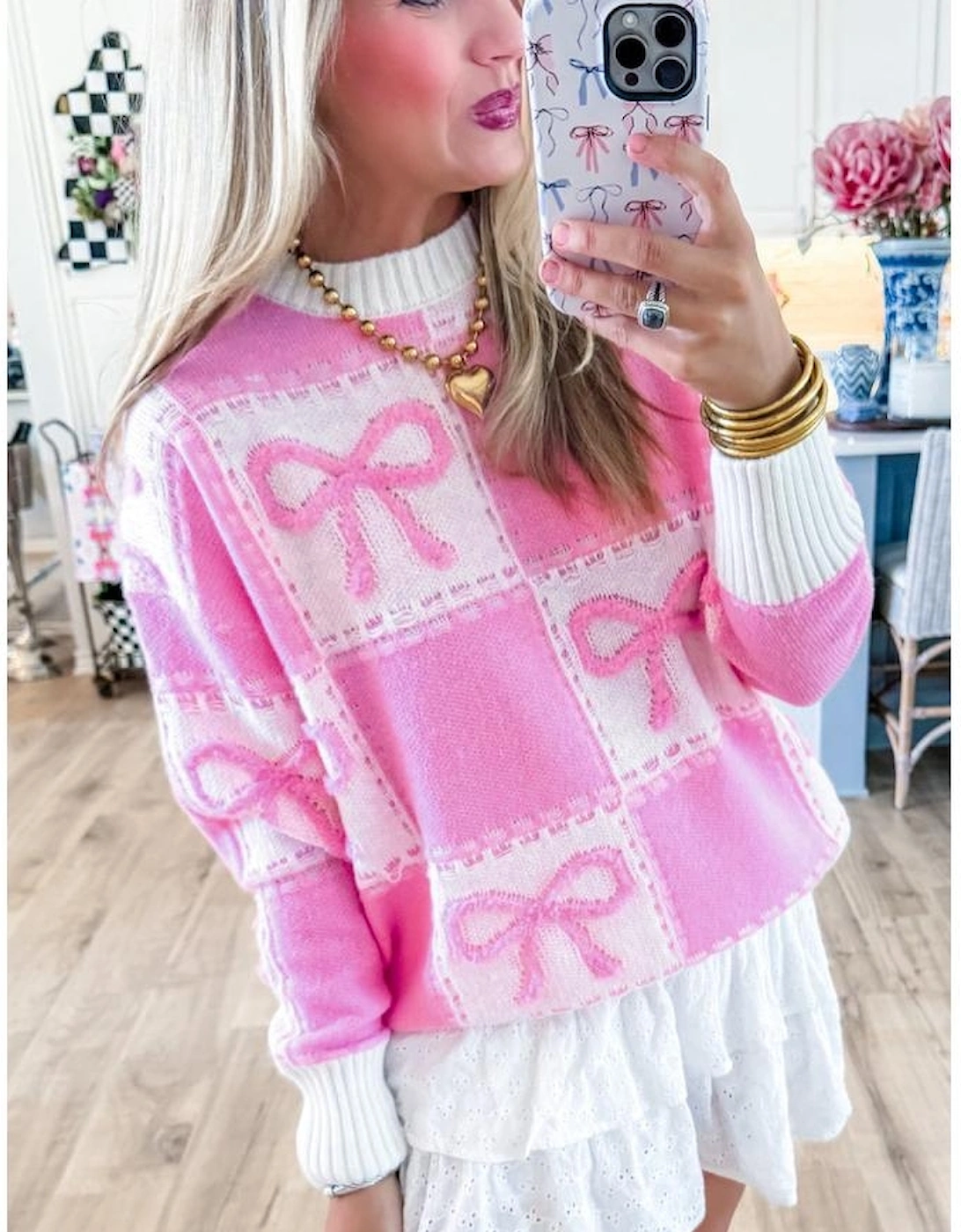 Pink Bow Knot Two Tone Checkered Crew Neck Sweater