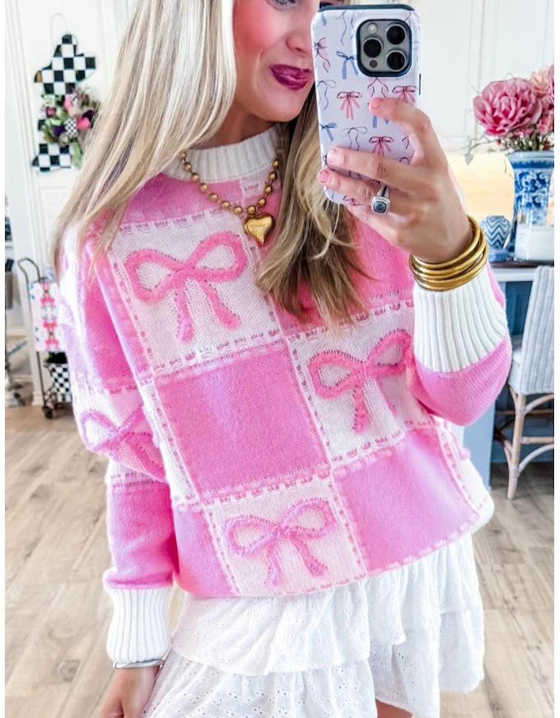 Pink Bow Knot Two Tone Checkered Crew Neck Sweater