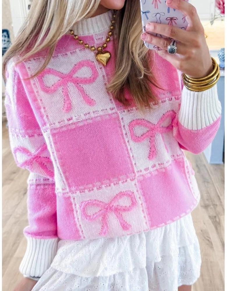 Pink Bow Knot Two Tone Checkered Crew Neck Sweater
