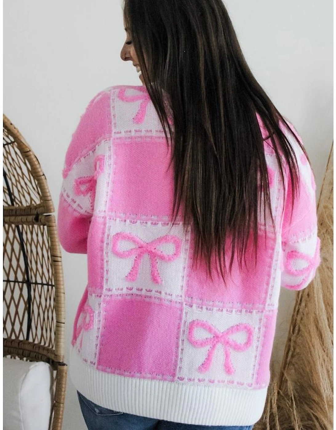 Pink Bow Knot Two Tone Checkered Crew Neck Sweater