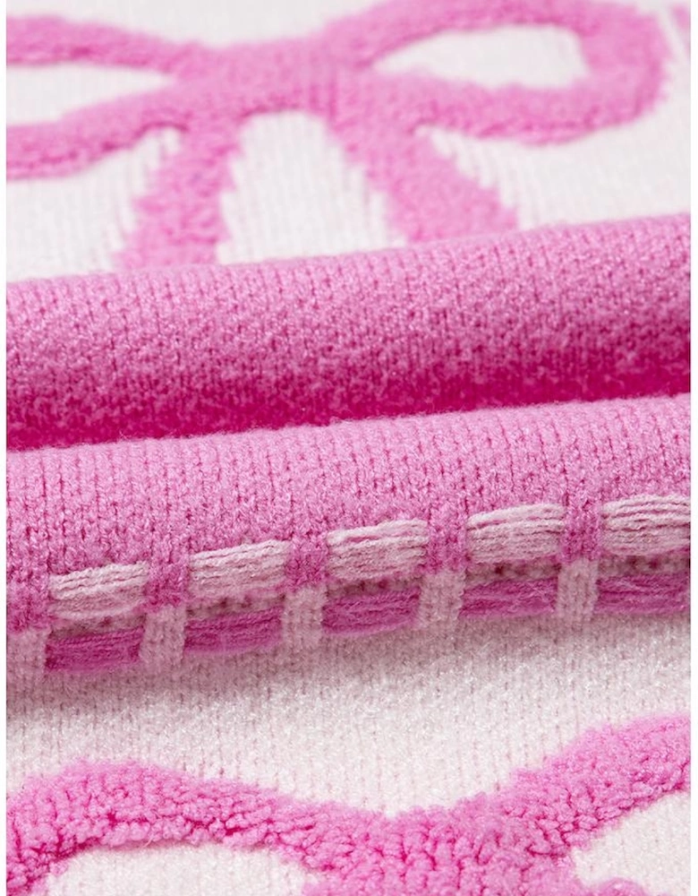 Pink Bow Knot Two Tone Checkered Crew Neck Sweater