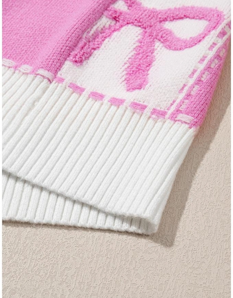 Pink Bow Knot Two Tone Checkered Crew Neck Sweater
