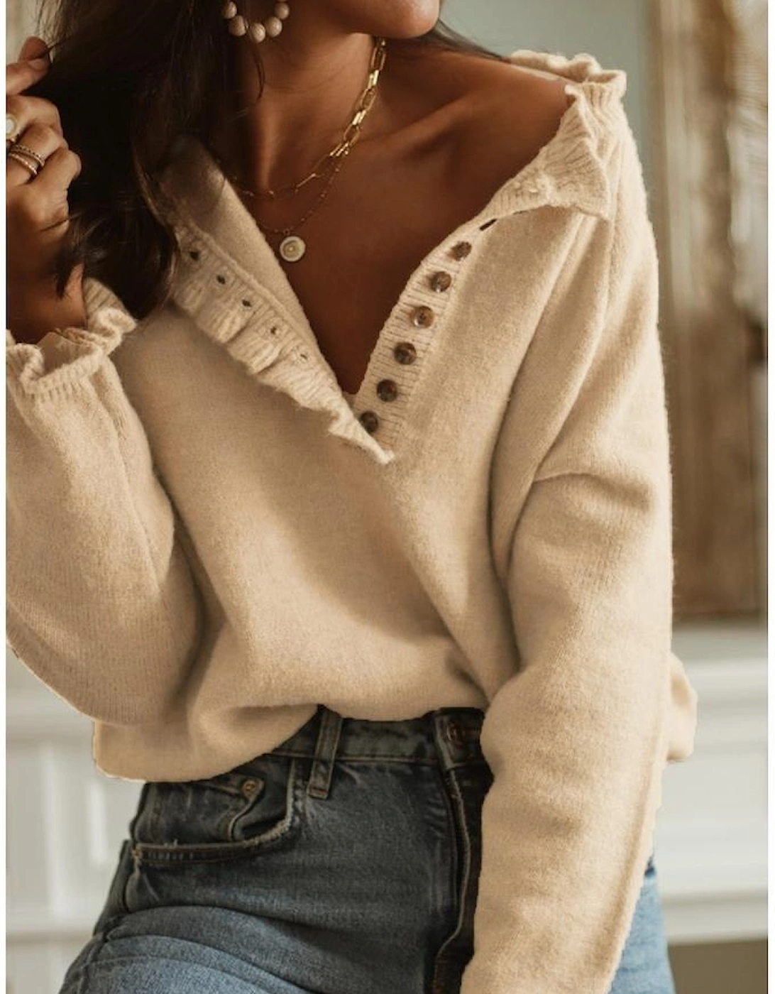 Azura Exchange Frill Trim Khaki Knit Pullover Sweater, 15 of 14