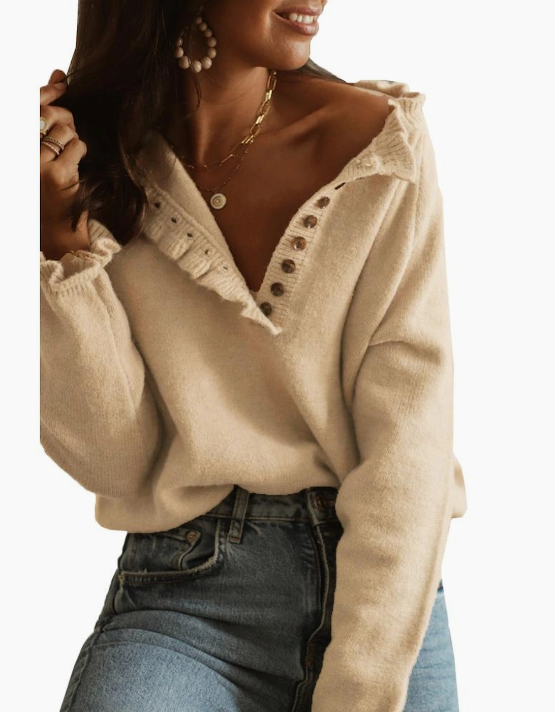 Azura Exchange Frill Trim Khaki Knit Pullover Sweater