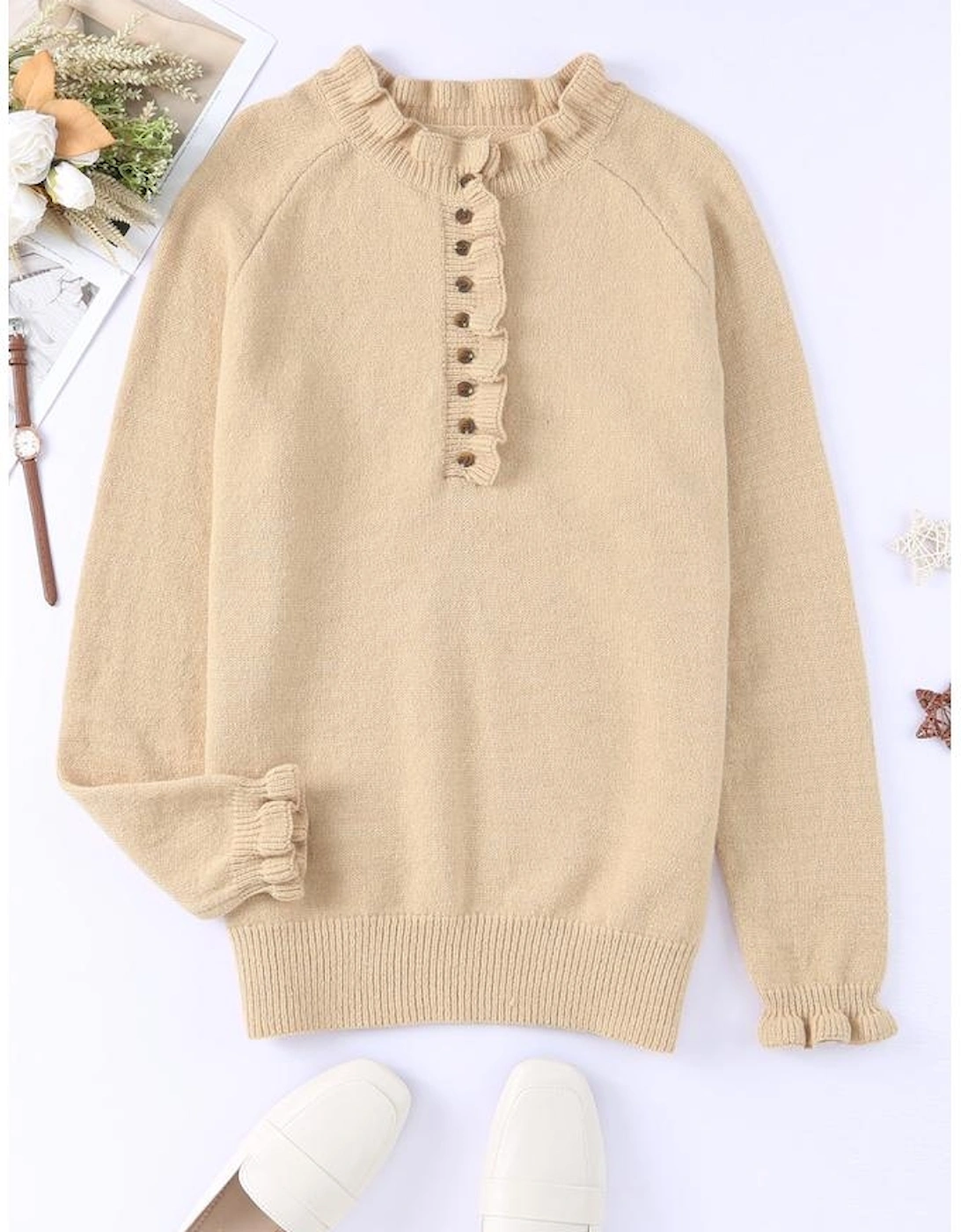 Azura Exchange Frill Trim Khaki Knit Pullover Sweater