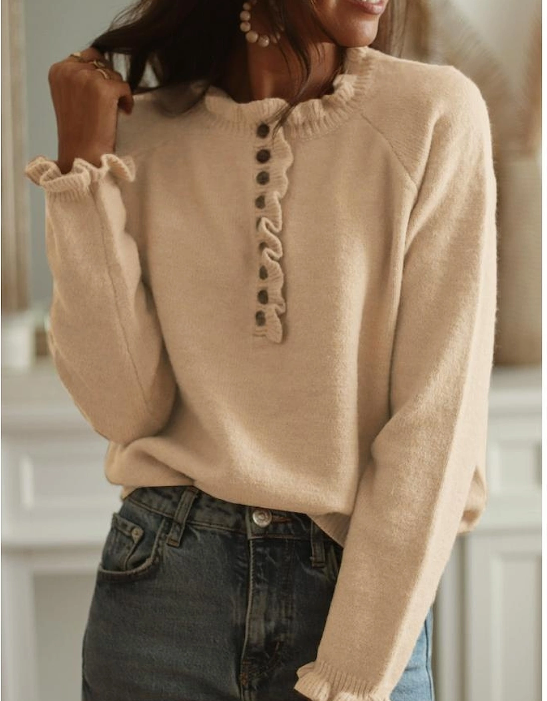 Azura Exchange Frill Trim Khaki Knit Pullover Sweater
