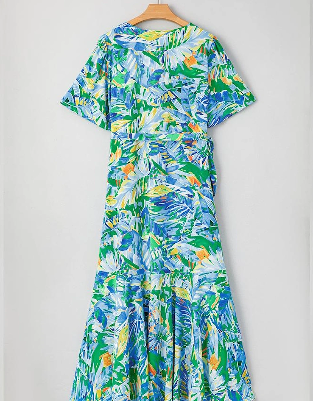 Green Leaves Print Short Sleeve Surplice Neck Ruffled Trim Plus Size Maxi Dress