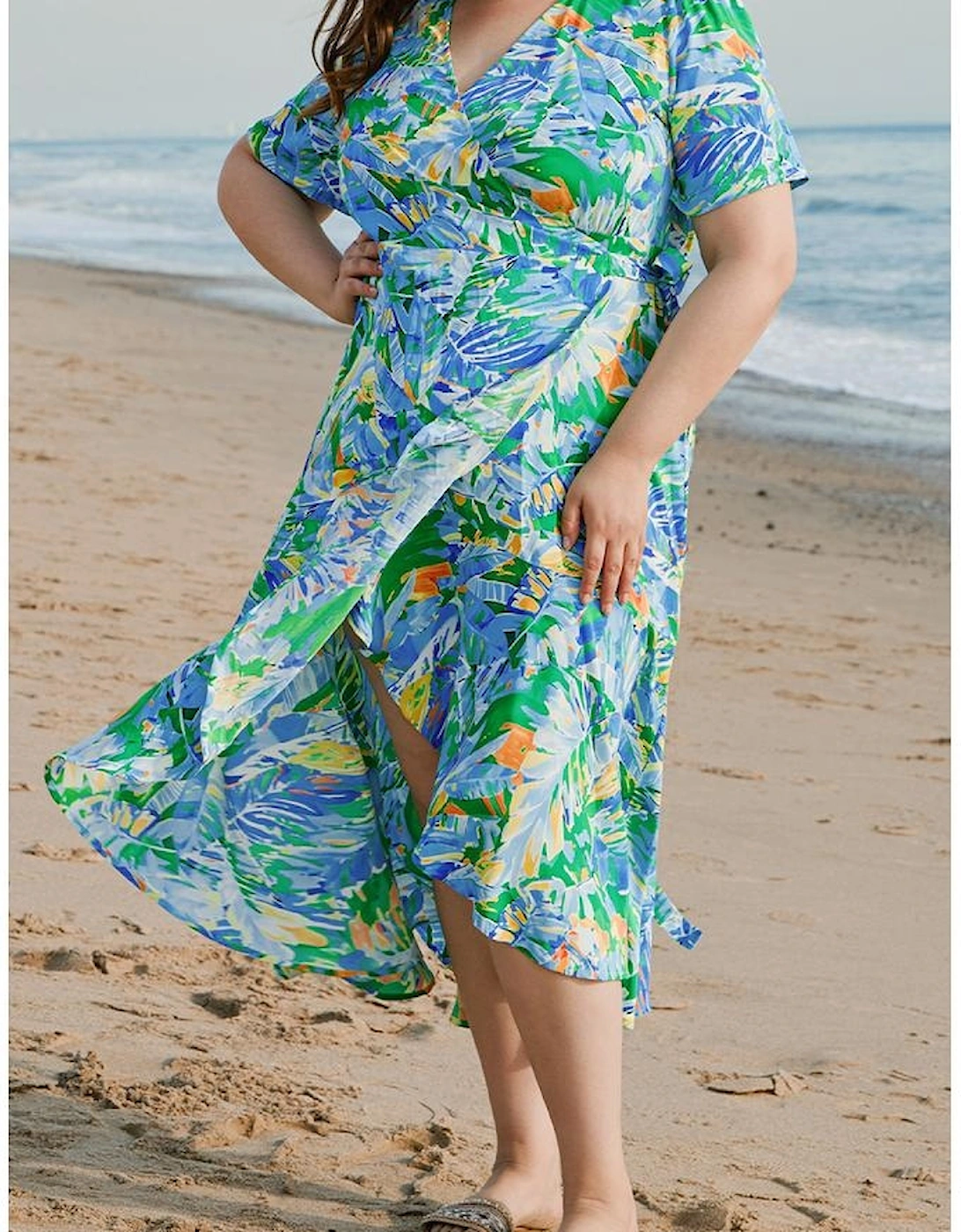 Green Leaves Print Short Sleeve Surplice Neck Ruffled Trim Plus Size Maxi Dress
