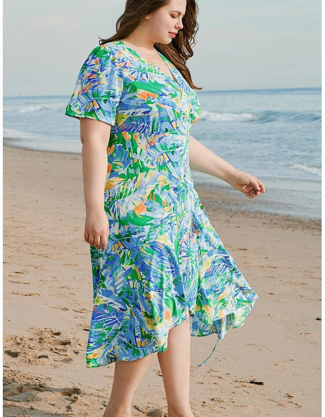 Green Leaves Print Short Sleeve Surplice Neck Ruffled Trim Plus Size Maxi Dress