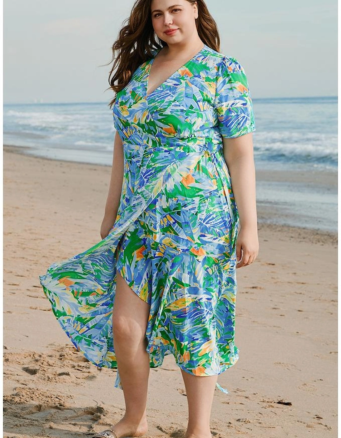 Green Leaves Print Short Sleeve Surplice Neck Ruffled Trim Plus Size Maxi Dress