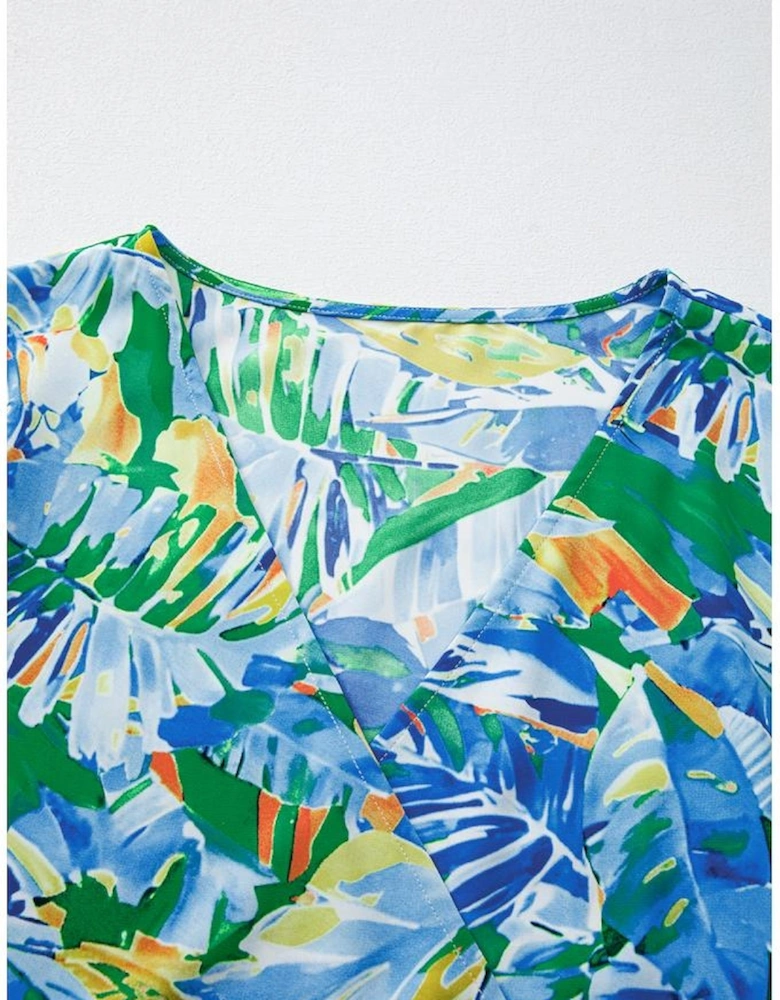 Green Leaves Print Short Sleeve Surplice Neck Ruffled Trim Plus Size Maxi Dress