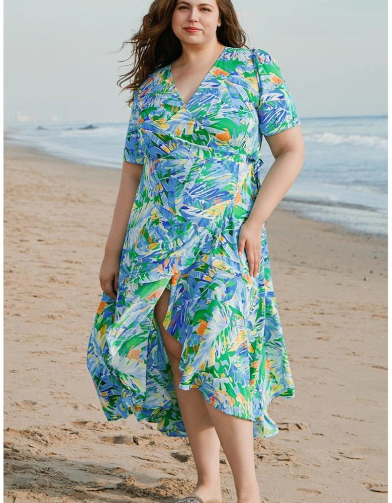 Green Leaves Print Short Sleeve Surplice Neck Ruffled Trim Plus Size Maxi Dress