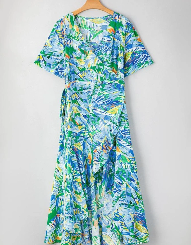 Green Leaves Print Short Sleeve Surplice Neck Ruffled Trim Plus Size Maxi Dress