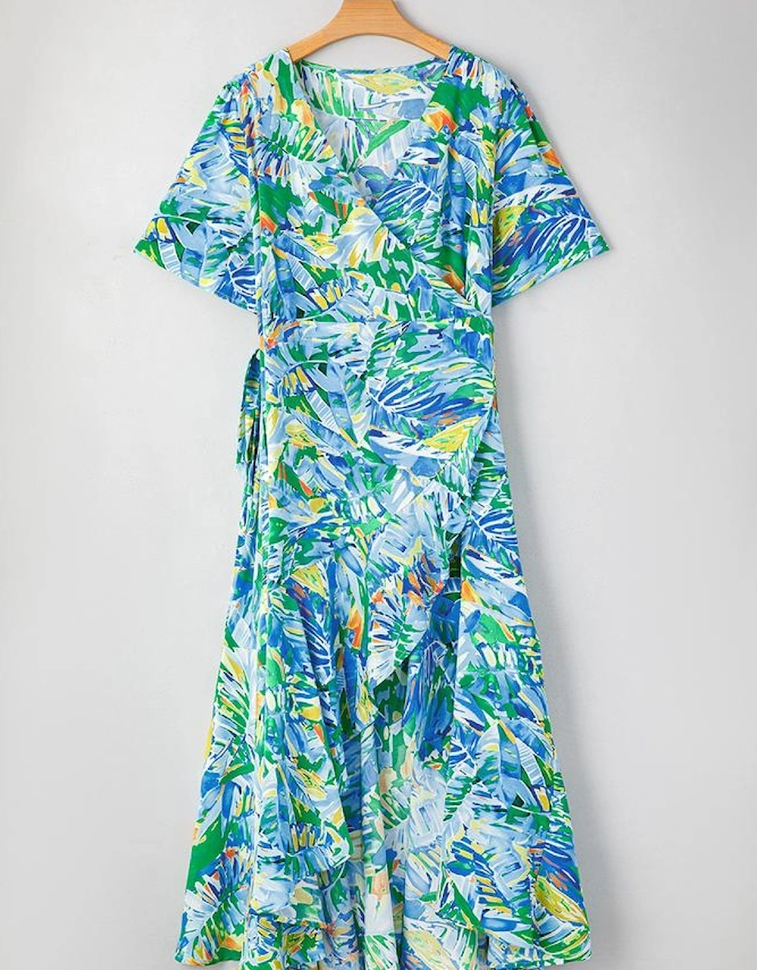 Green Leaves Print Short Sleeve Surplice Neck Ruffled Trim Plus Size Maxi Dress