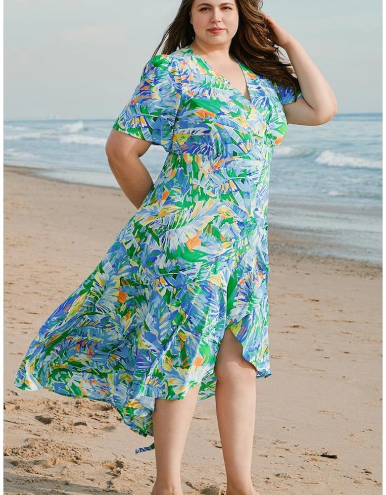 Green Leaves Print Short Sleeve Surplice Neck Ruffled Trim Plus Size Maxi Dress