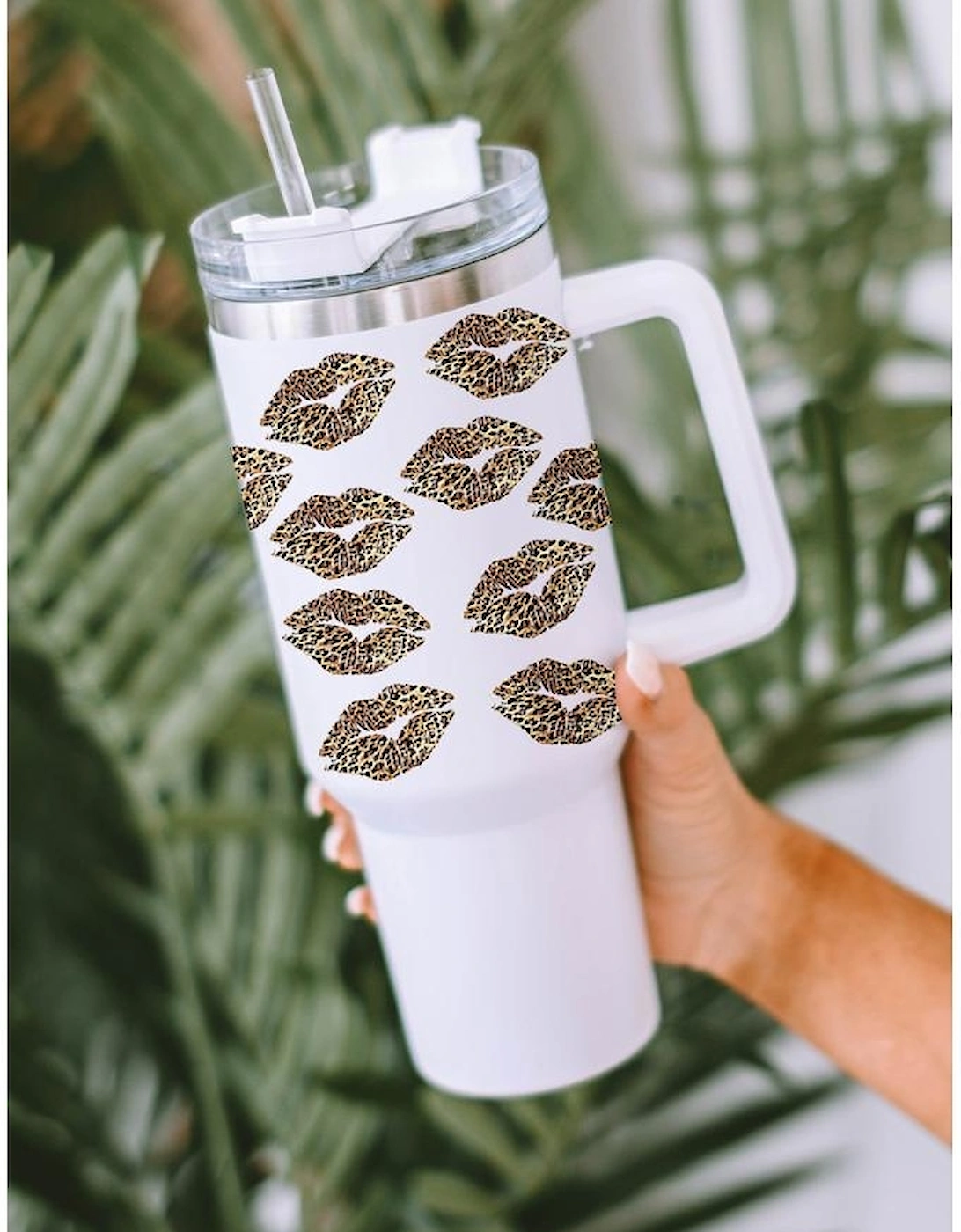 Azura Exchange White Valentine Leopard Lips Print Thermos Cuo with Straw