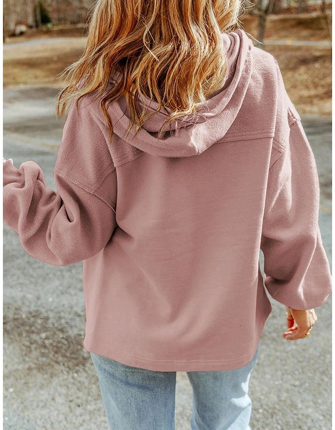 Pink Flap Pocket Drawstring Hood Zip Up Jacket