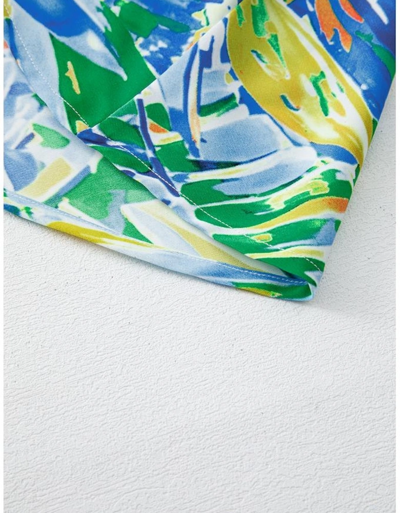 Green Leaves Print Short Sleeve Surplice Neck Ruffled Trim Plus Size Maxi Dress